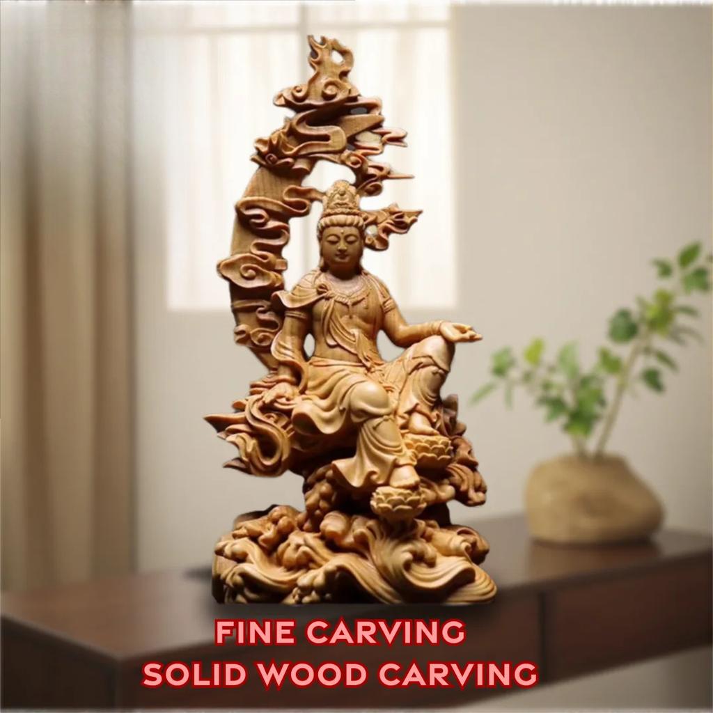 Natural Cypress Water Moon Guanyin Statue Chinese Buddha StatuesHand-carved Home Room Office Feng Shui Figure Decoration Statue