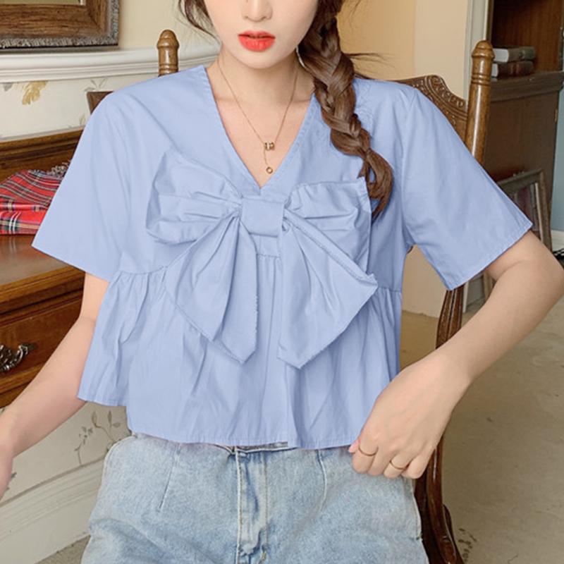 VONDA Womens Summer V-Neck Short Sleeve Tie Blouses