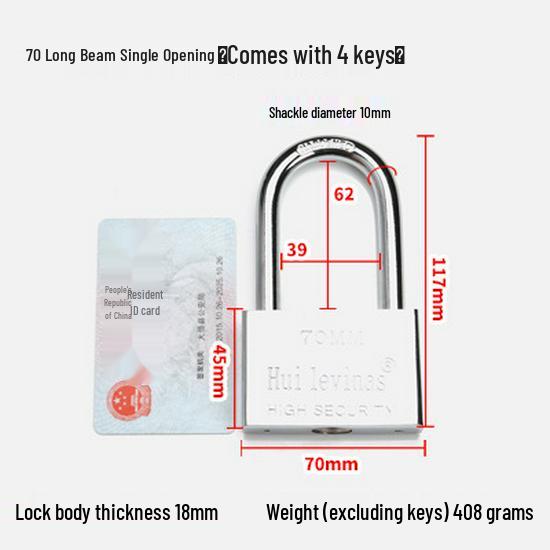 Blade-Shaped Stainless Steel Padlock, Square Head, 30mm, Ideal for Doors, Dorm Rooms, Cabinets, Long-Shank Anti-Theft Design.