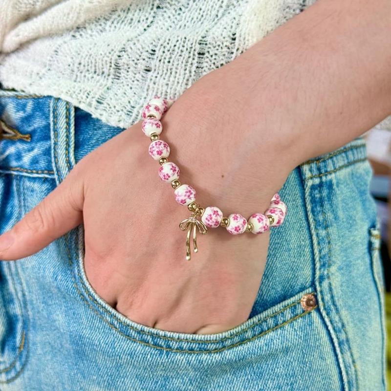 Stylish Blue White Porcelain Bowknot Beaded Jewelry Set Sturdy Fade Resistant Necklace Bracelet Earrings Adornment