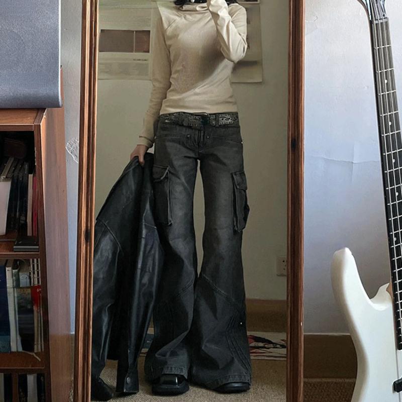 Amerikanische Retro-Schlaghosen, verwaschenes Schwarz, niedrige Taille, schmale Flare-Jeans, Damenmode, E-Girl, gemütliche Denim-Hose, Hiphop, High Street