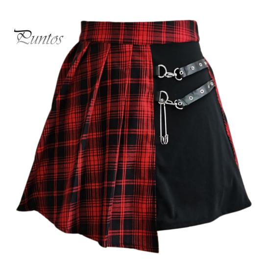

Женская мини-юбка с клетчатым принтом контрастного цвета, плиссированная юбка с высокой талией, металлические цепочки, ремни, украшения, нерегулярная юбка M красный