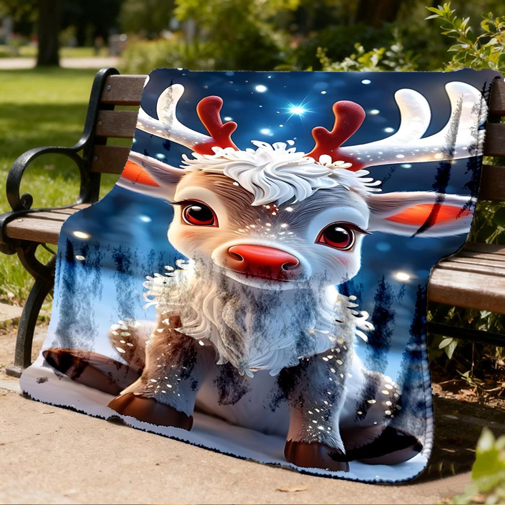 1pc Reindeer Winter Wonderland Outdoor Flannel Blanket , Machine Washable Perfect Gift for Birthday , Holiday Travel Accessory , Durable Material