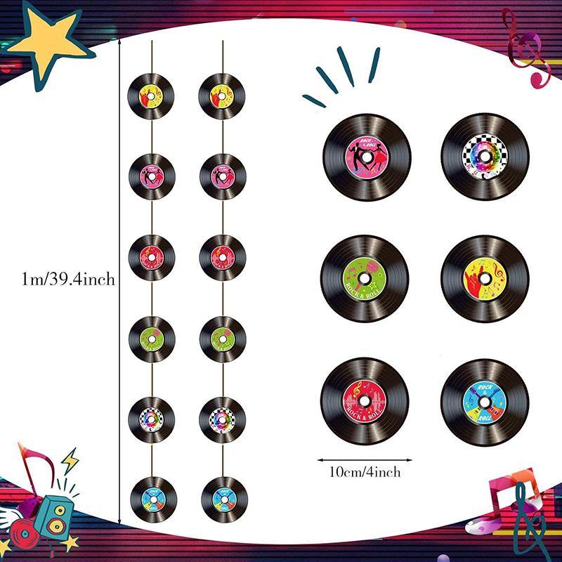 WTEMPO Retro Rock 'n' Roll Themed Party Pull Flags Festive Party Hanging Streamer with Vinyl Record Design DIY Durable Paper Banners Activity Supplies