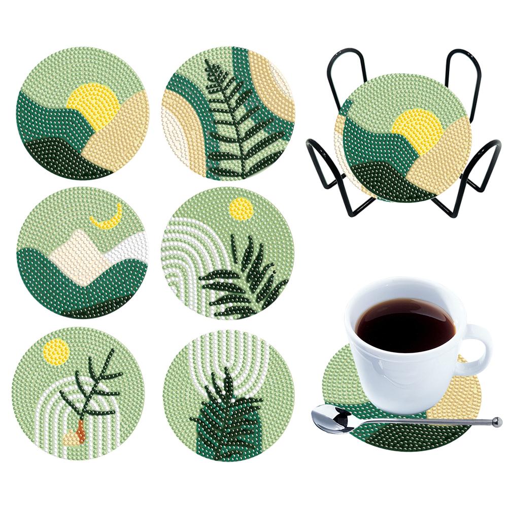 6PCS Diamond Crafts Coasters Fresh Greenery Diamond Painting Coasters Kits Mandara Wooden for Adults Kids Beginner Gift Supplies