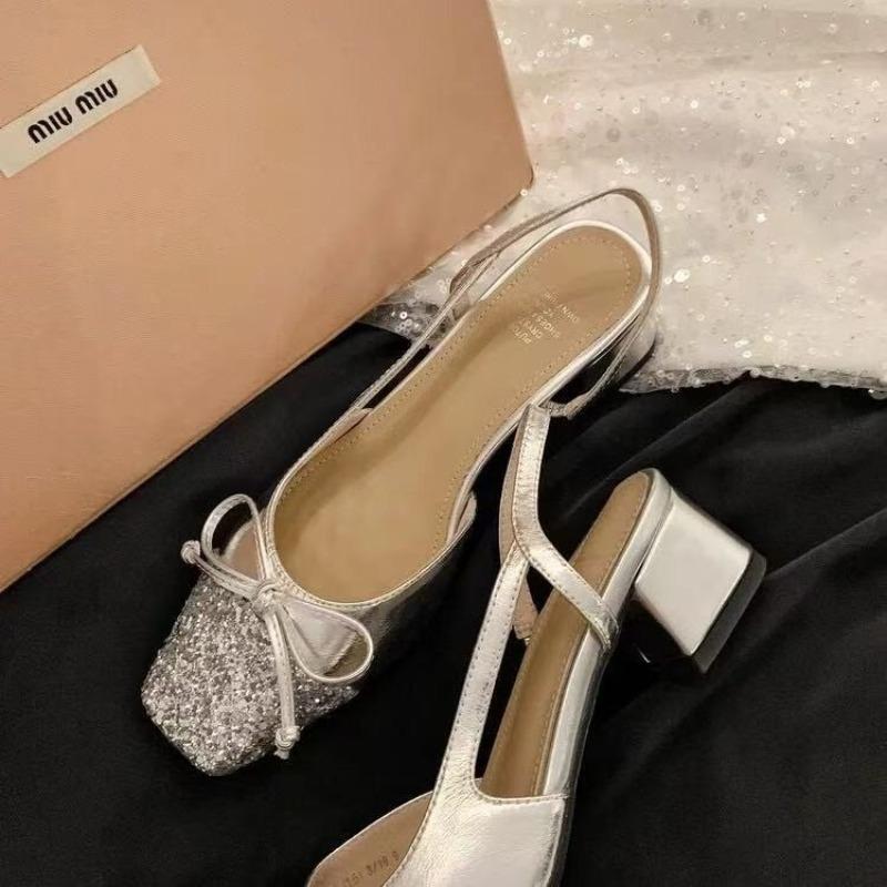 Fashion Spring New Baotou Sandals Women's Fashion Square Head Shallow Mouth Sequin Butterfly Knot Non-slip High Heels