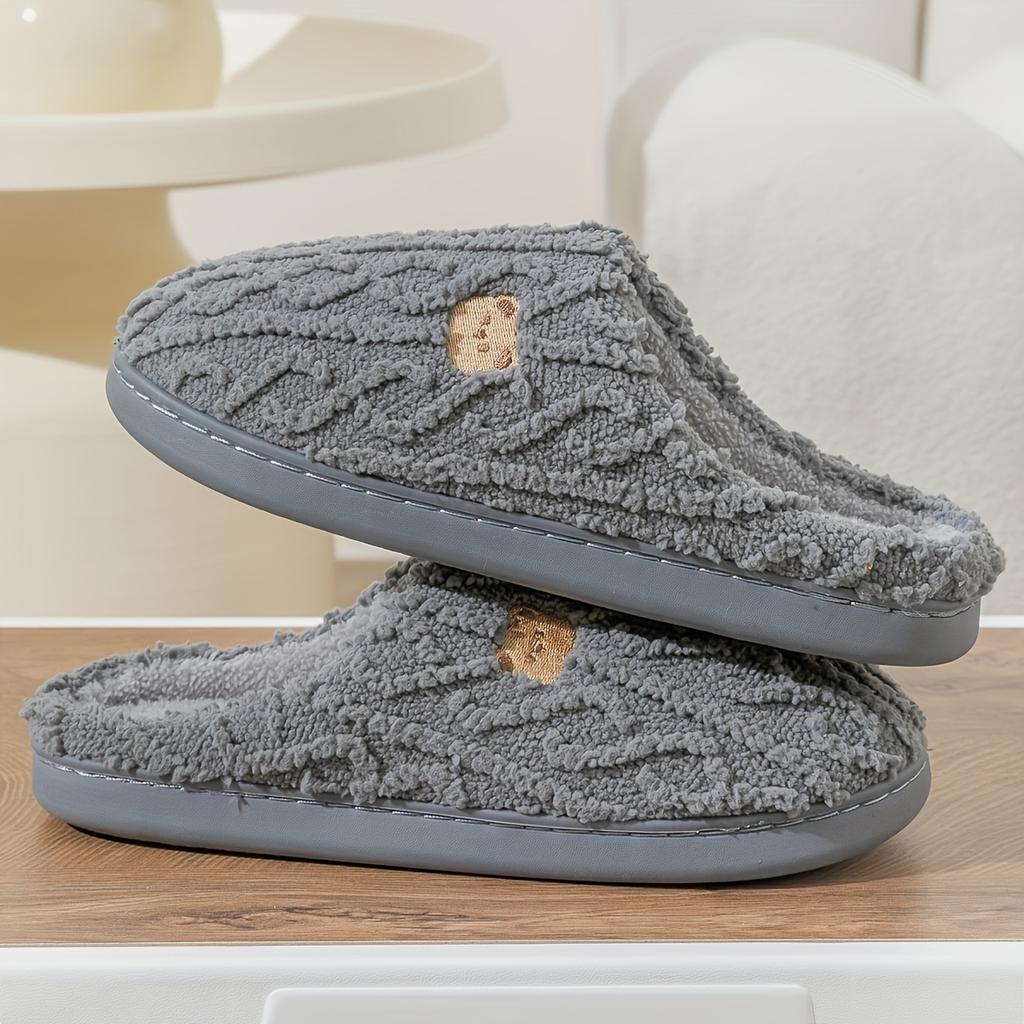 Cozy Slip-On Slippers with Cute Bear Print - Soft Fabric, Warm Winter Slippers for Home, Casual Style, TPR Sole, All-Season Comfort