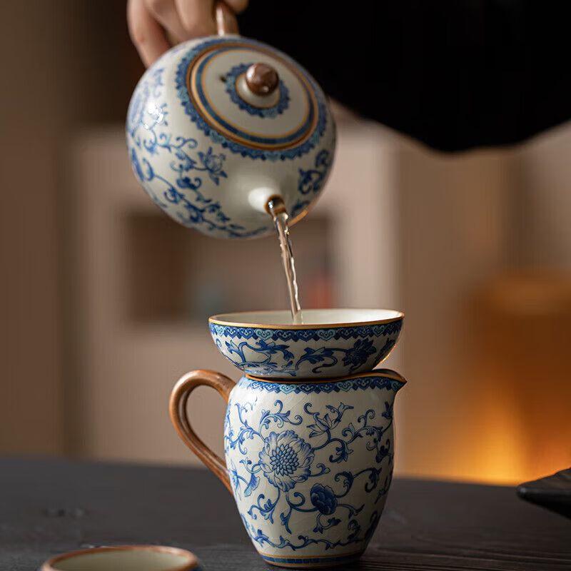 Ru Kiln Blue and White Gilded Ceramic Gongfu Tea Set