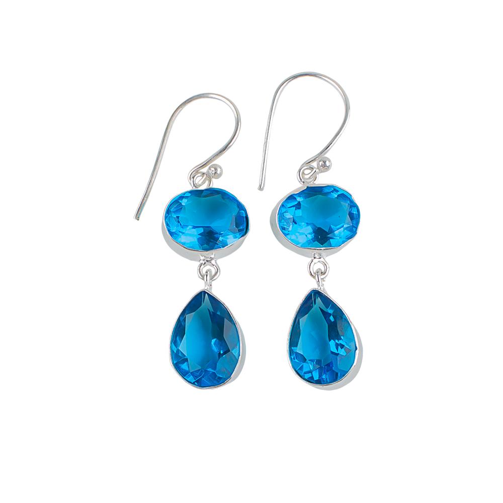 Swiss Blue Topaz Gemstone 925 Sterling Silver Jewelry Handcrafted Earrings 1.88" EE-73-9