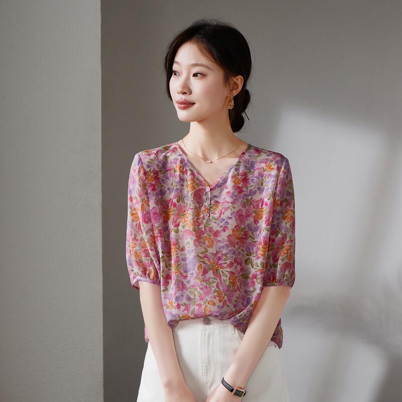 SOFSIL 2026 Summer Floral Print Mulberry Silk Top