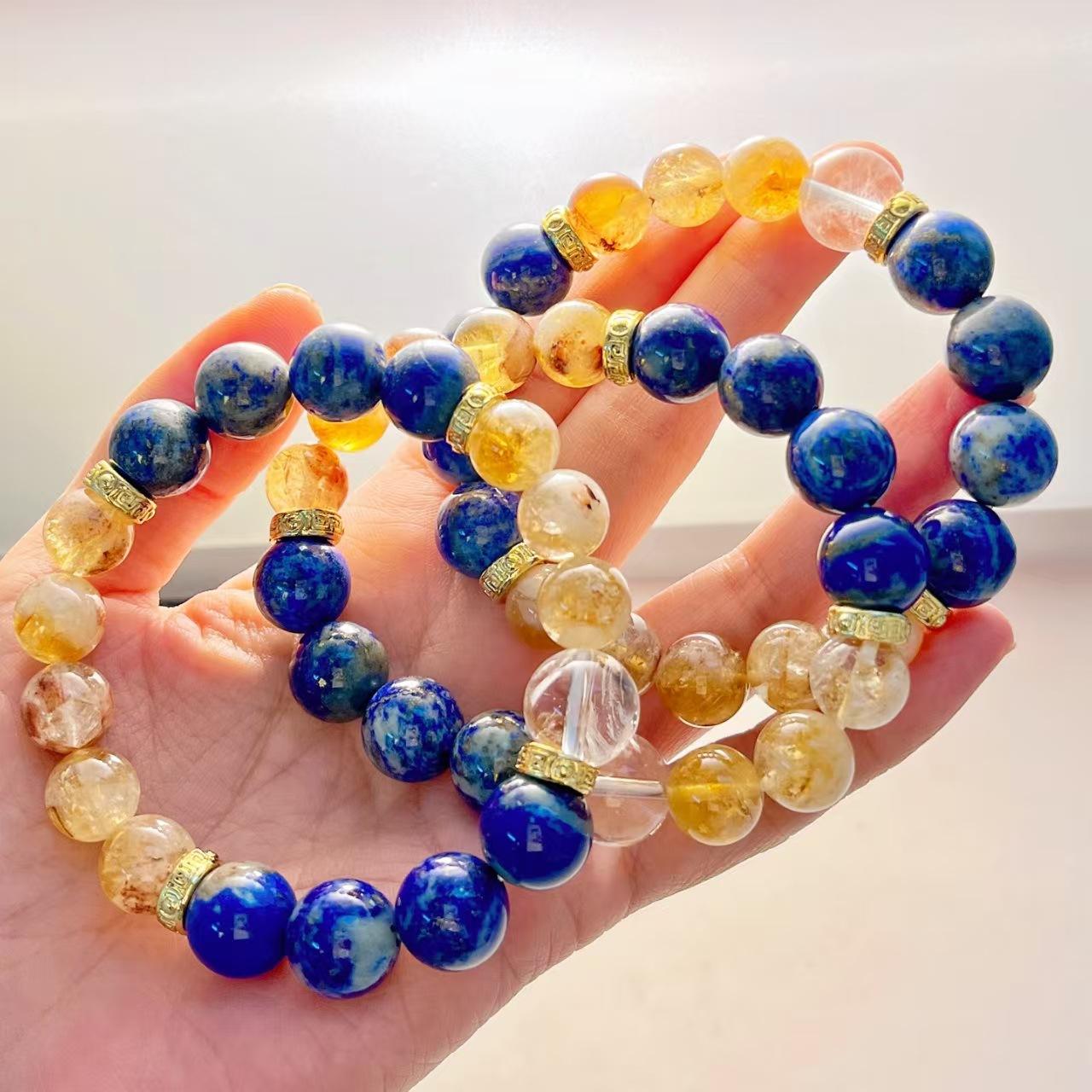 12Mm Retro Large Particle Natural Lapis Lazuli Honey Milk Cover Yellow Tower Crystal White Crystal Bracelet Bracelet