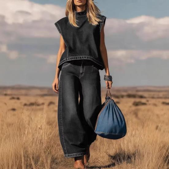 Summer 2 Piece Denim Set for Women Cap Sleeve Mock Neck Top And Wide Leg Pants Set Casual Loose Loungewear Outfit