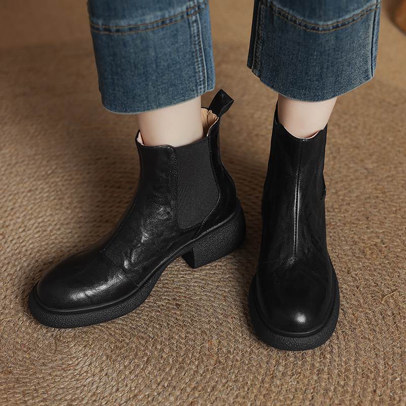 Krazing Pot Sheepskin Pleated Decoration Autumn Winter Shoes Chunky Heels Size 43 Size 42 Round Toe Slip on Retro Fashion Ankle Boots