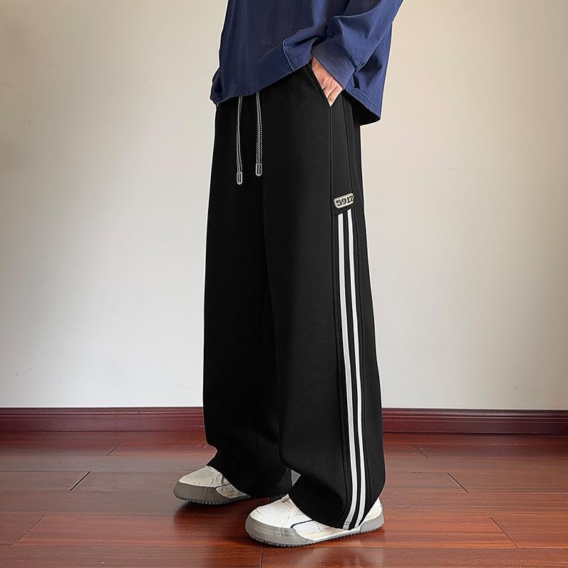 American striped contrasting cotton sweatpants men's autumn new Hong Kong style loose straight casual trousers