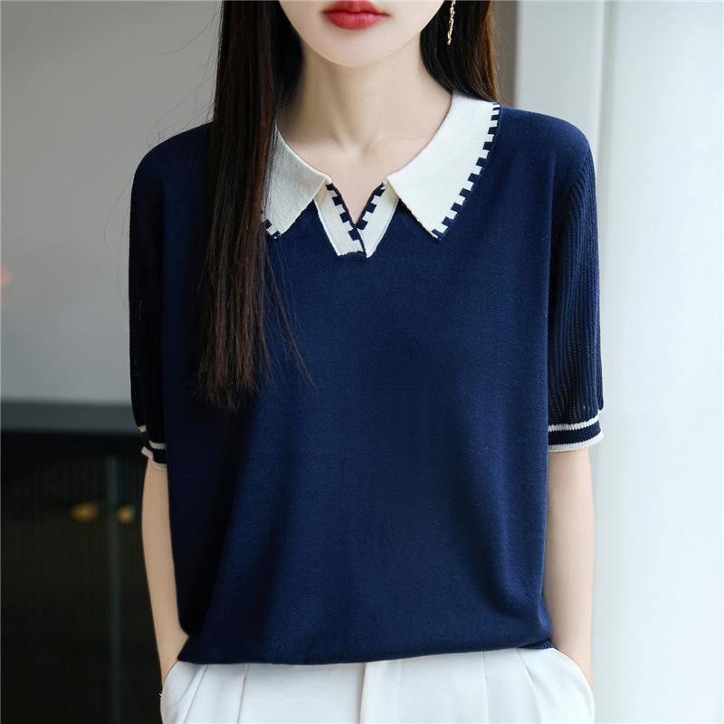 Womens Contrast Collar Short Sleeve Knit Blouse M