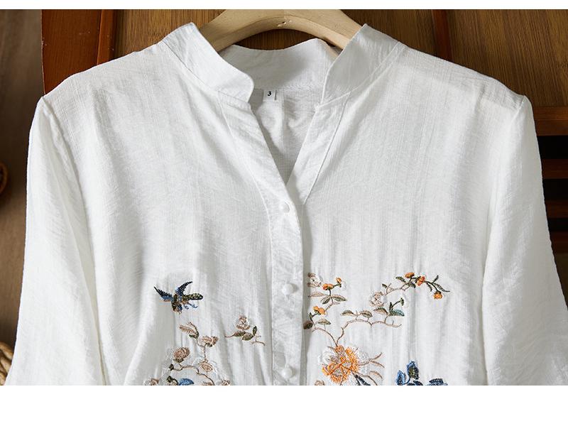 2023 Letní Luxusní Bavlněná Lněná Vyšívaná Blůza se Žabkovým Zapínáním