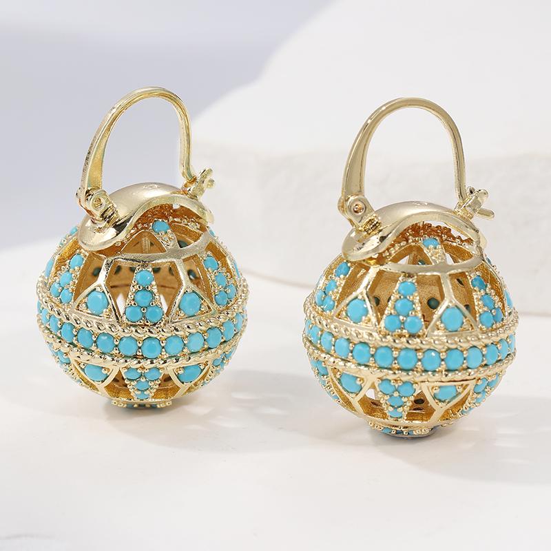 Exquisite  Hand Carved Inlaid Synthetic Turquoise Hollowed Ball Dangle Earrings for Women Banquet Festival Jewelry Gifts