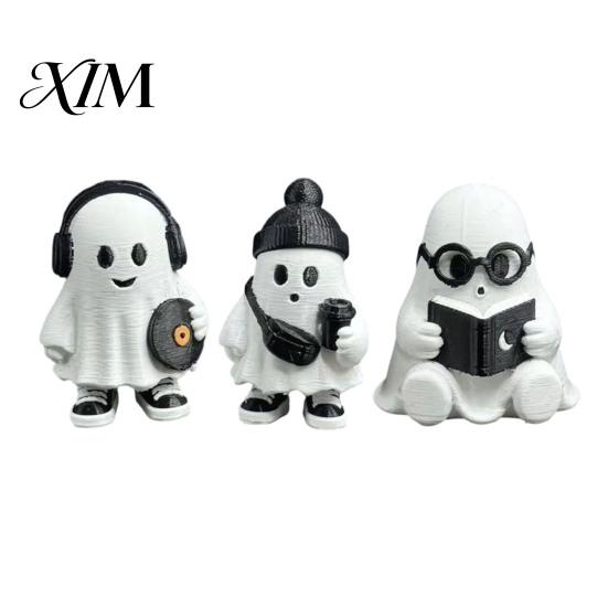 Trendy Interior Soft Furnishings Cute Halloween Ghost Figurine, Holding Coffee/Book/Record Resin Statue, Desktop Ornaments for Spooky Tabletop