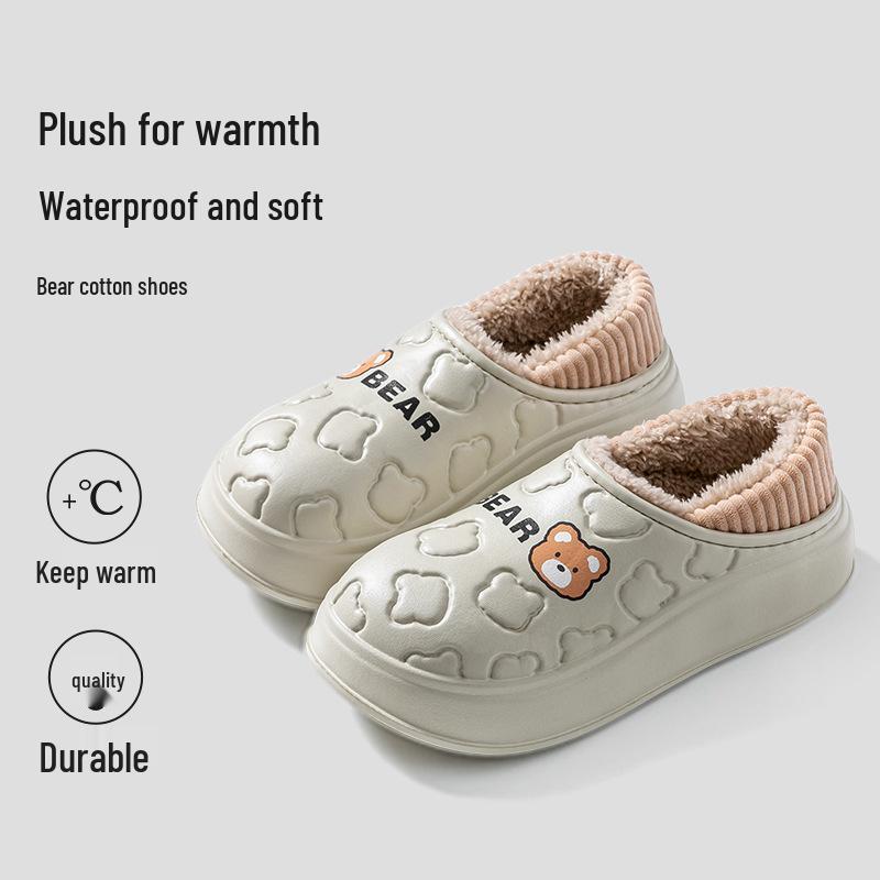 Men's and Women's Waterproof Cotton Slippers: 2024 Autumn/Winter Non-Slip Wrap-Heel, Plus Velvet for Indoor Warmth.