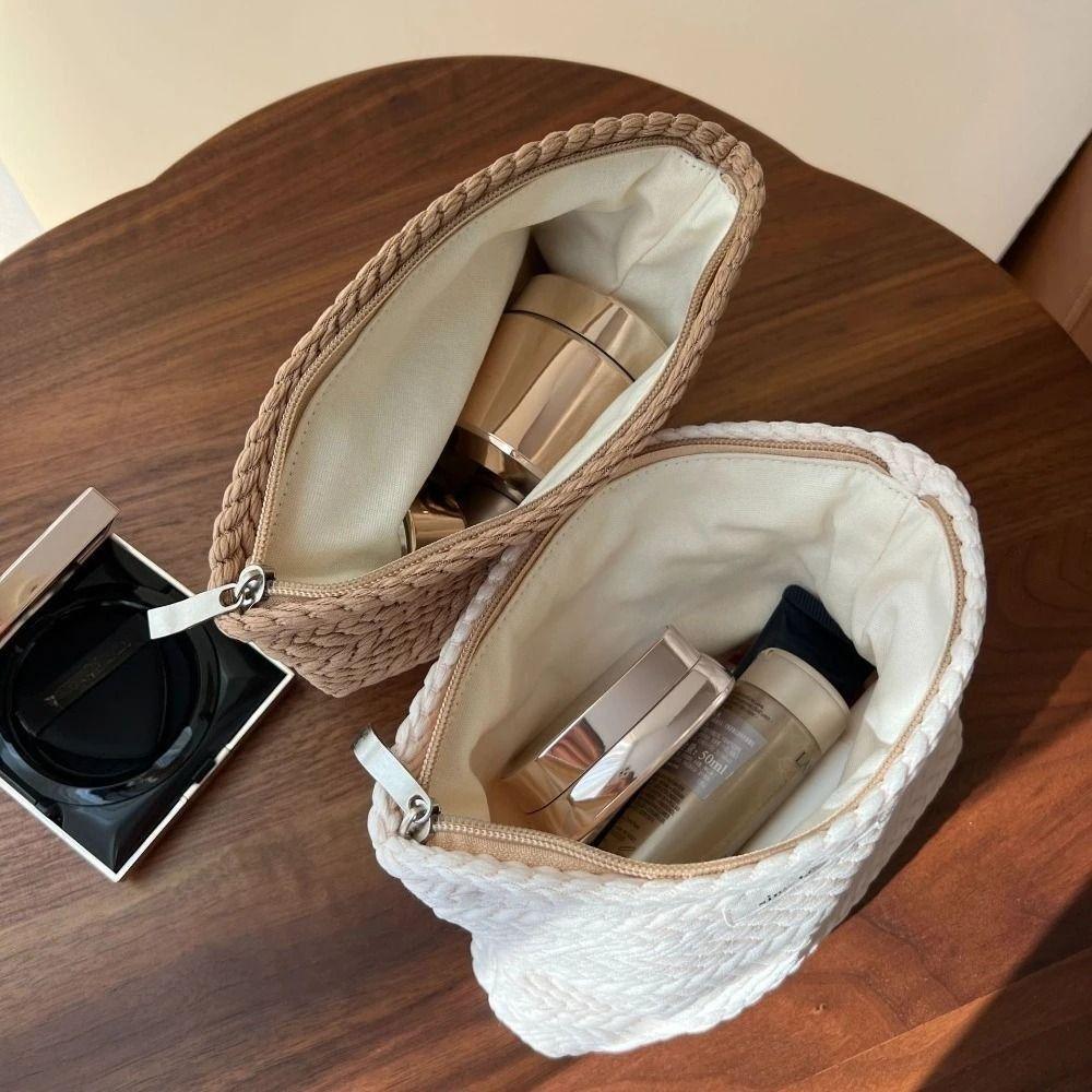 Woven Fabric Makeup Bag for Women Solid Color Canvas Clutch Bag Toiletry Storage Bag  Travel