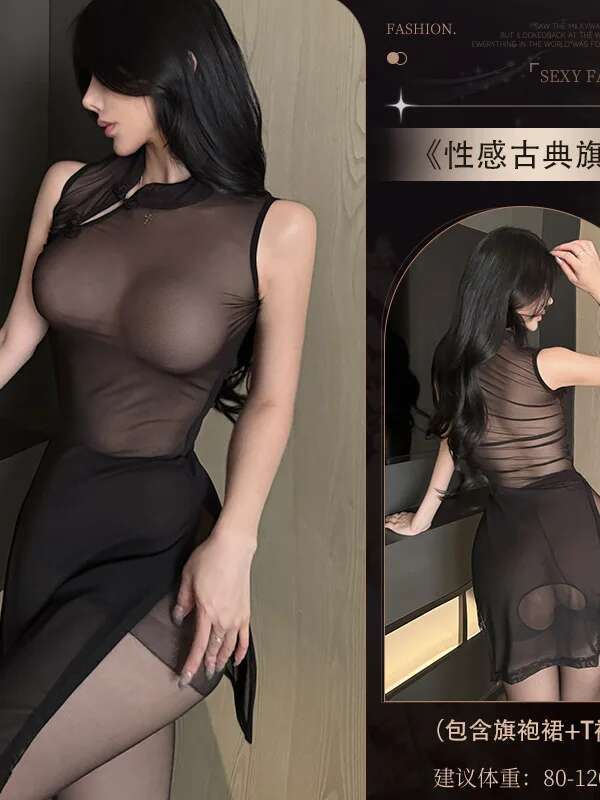 Sexy Cheongsam Dress Elegant Hollowed Out Chest Mesh Transparent Nightgown Tempting Women Sweet Thin Sheer Dress Tops TSY8