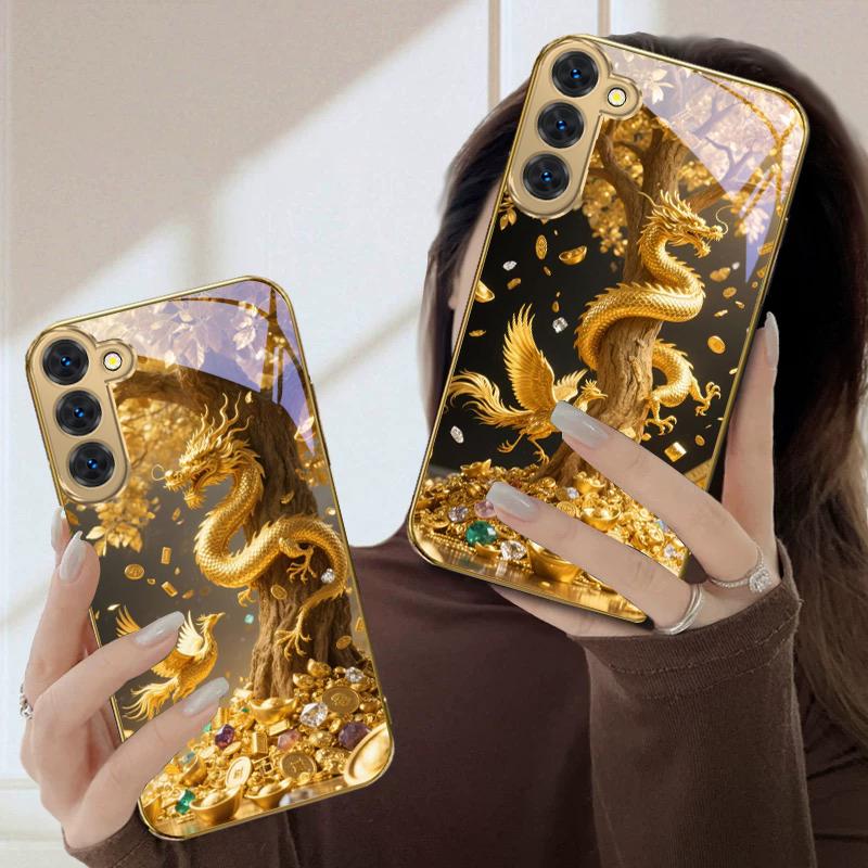 Lucky Dragon Diagram For Samsung Galaxy S20 FE S21 S22 Ultra 23 Plus 24 Ultra 25 Ultra S21+ S9+ 22Plus Golden Glass Phone Case