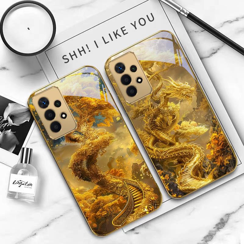 Mythical Golden Dragon For Samsung A 01 52S A04 A05S A10 A12 13 22 23 24 36 42 M02 Note 10 20Ultra 8 9 Golden glass phone case