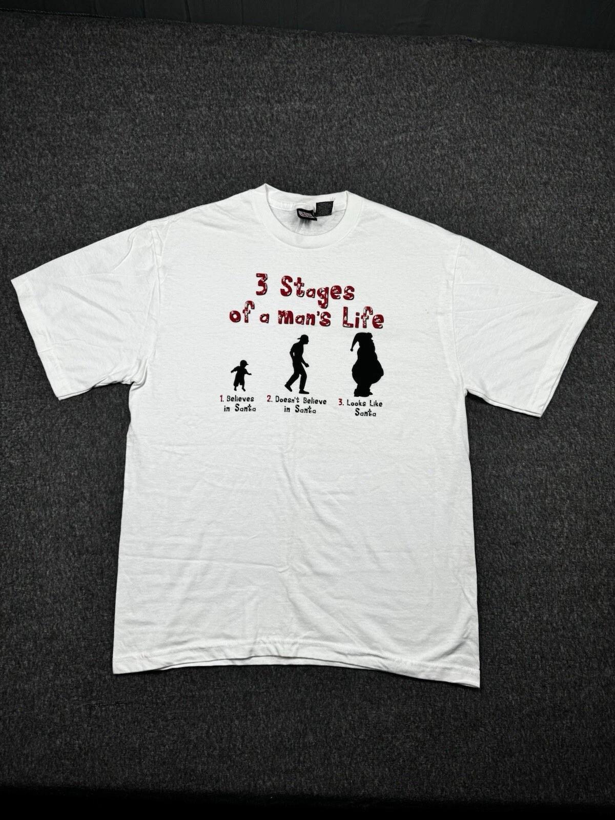 

Funny Christmas Shirt Mens L White Crew Neck Short 3 Stages Of A Mans Life S