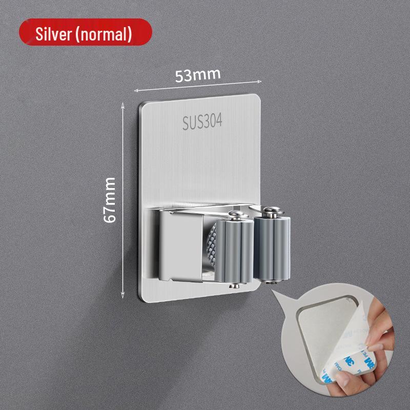 Stainless Steel No-Drill Mop & Broom Holder with Hooks - Wall-Mounted, Strong Adhesive Storage Clip
