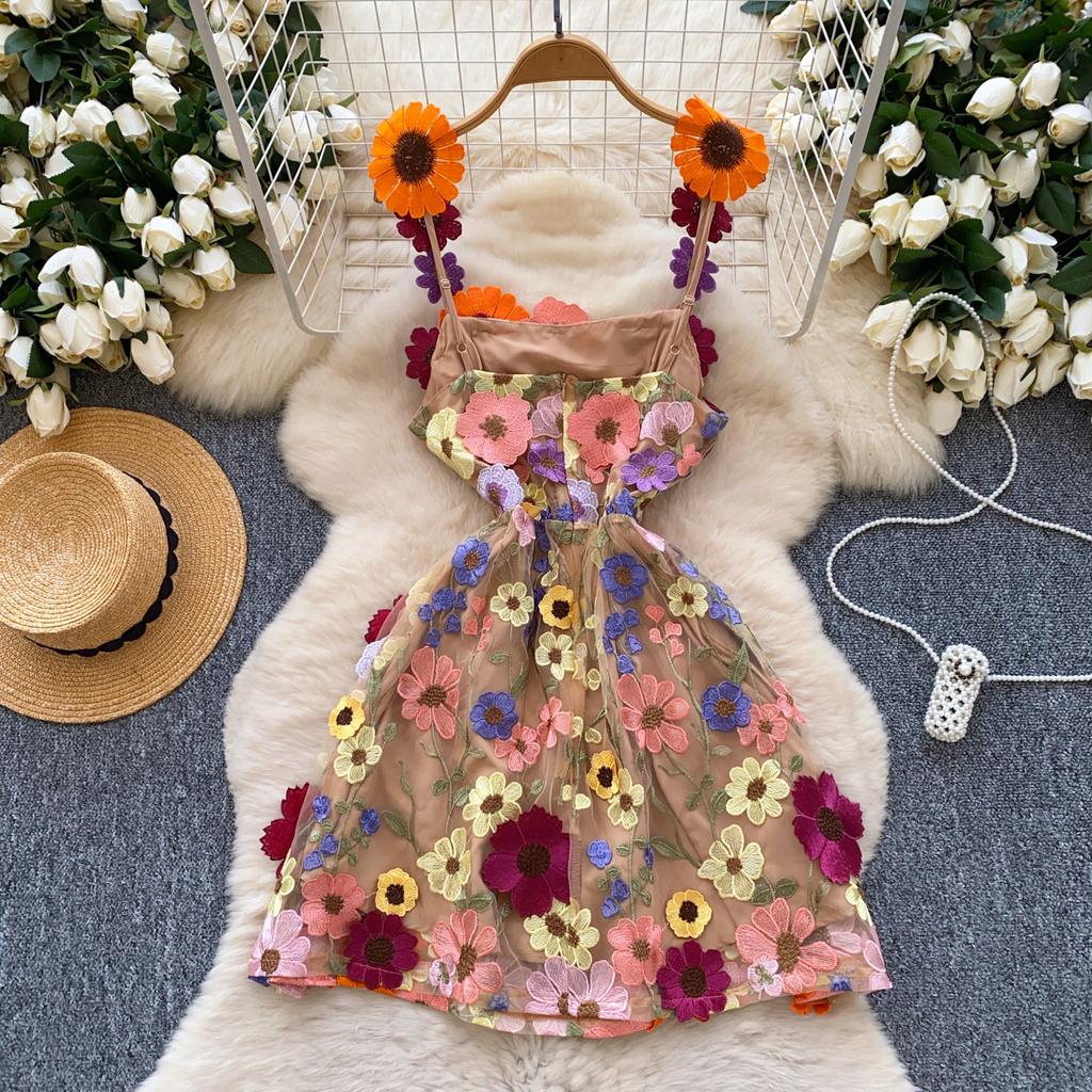 women's 3D Floral Applique Mesh Slip Dress