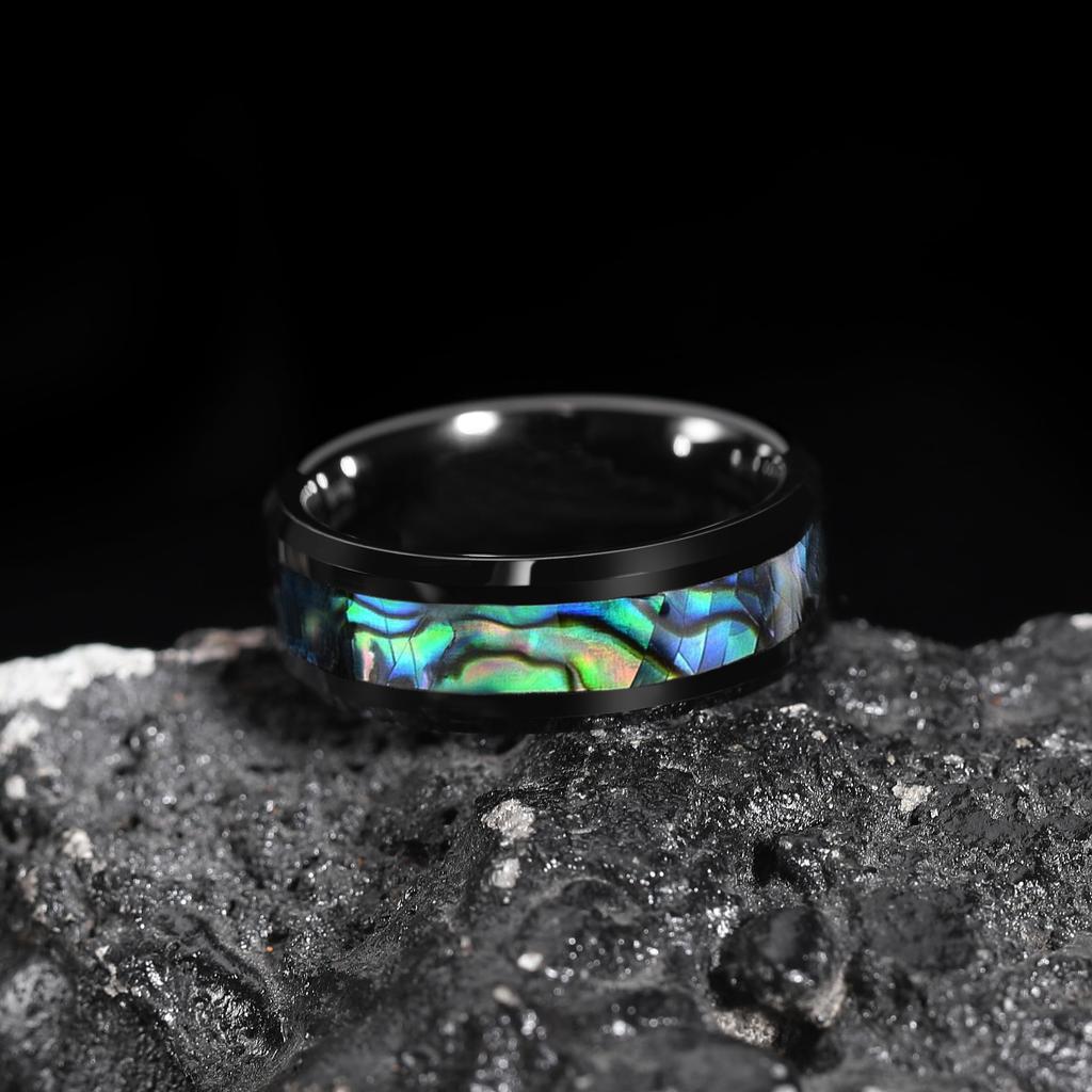 Fashion 8mm Men Black Stainless Steel Rings Inlay Rainbow Abalone Shell Rings For Men Women Wedding Band Jewelry Drop Shipping