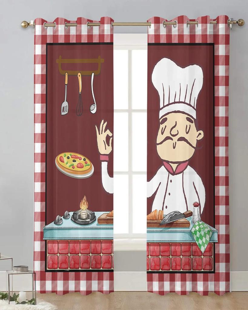 2Panels Chiffon Sheer Curtain Kitchen Curtain Kitchenware Chef Print Voile Tulle Cortinas for Kitchen LivingRoom Window Cortina
