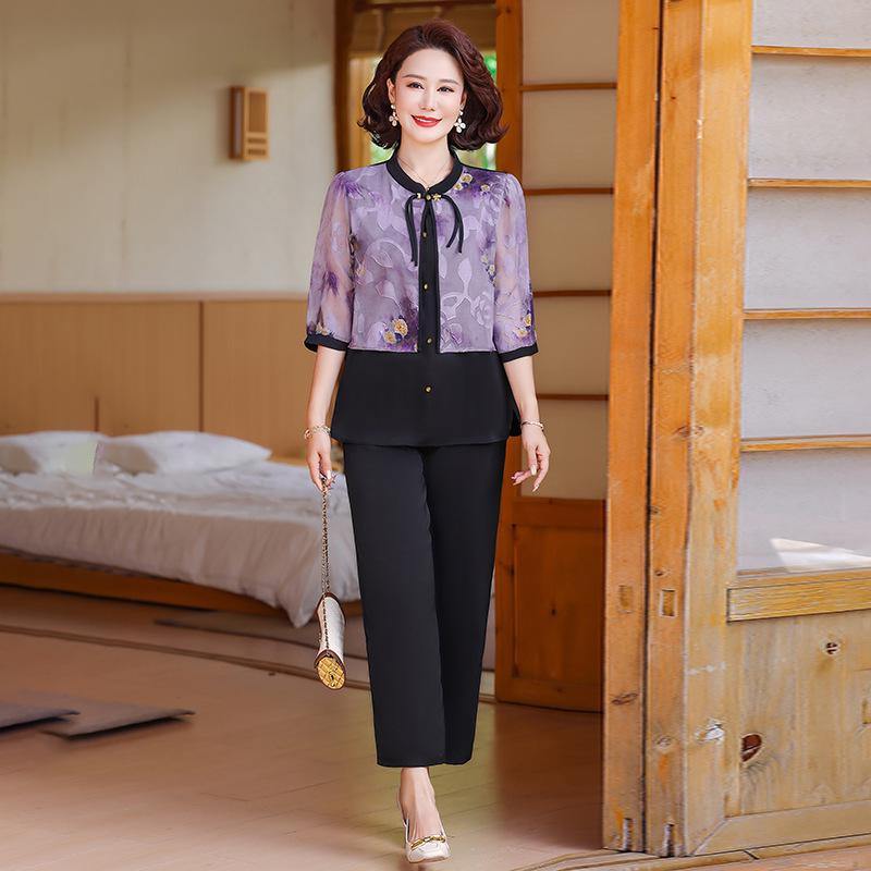 

Mom s Summer Plus Size Chinese Style Two-Piece Set: Age-Defying, Slimming Outfit for Middle-Aged & Elderly Women 5XL фиолетовый