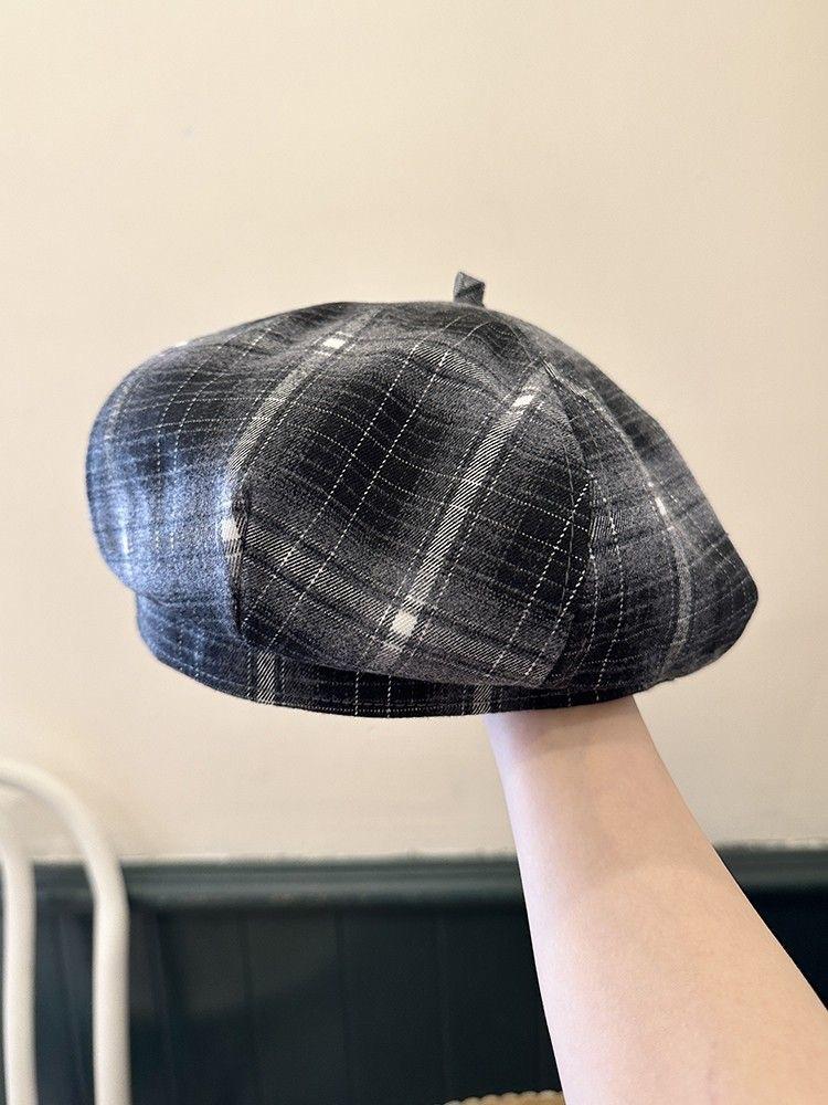 New Korean Dopamine Color Plaid Beret Women's Autumn Sweet British Painter's Hat Plaid Octagonal Hat