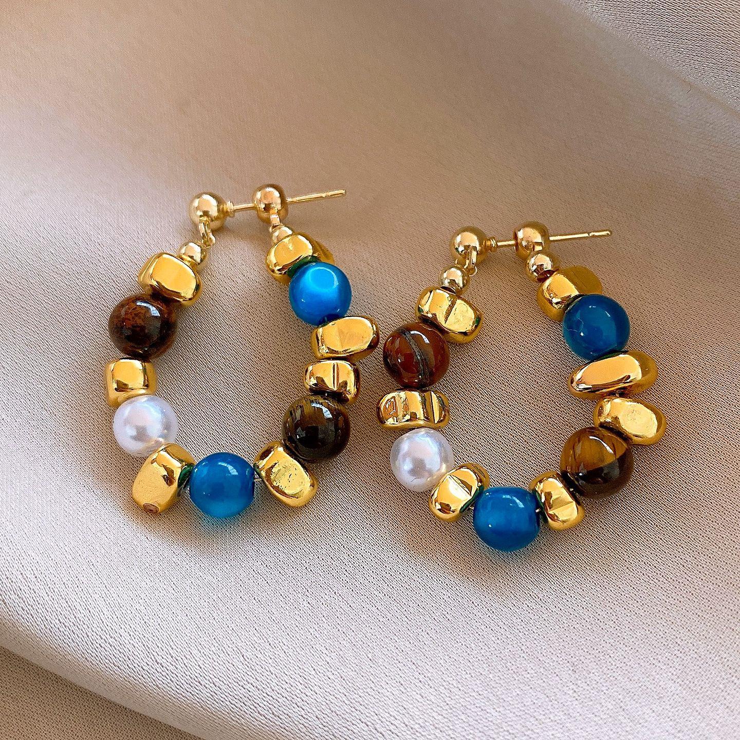 Silver Needle Vintage Maillard Tiger s Eye Beaded Pearl Earrings Stud Earrings Personality Earrings Women