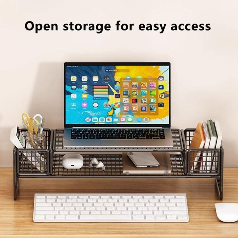 Double-Deck Computer Monitor Riser Holder Pc Screen Stand Bracket Desktop Laptop Keyboard Mouse Storage Organizer Pen Container