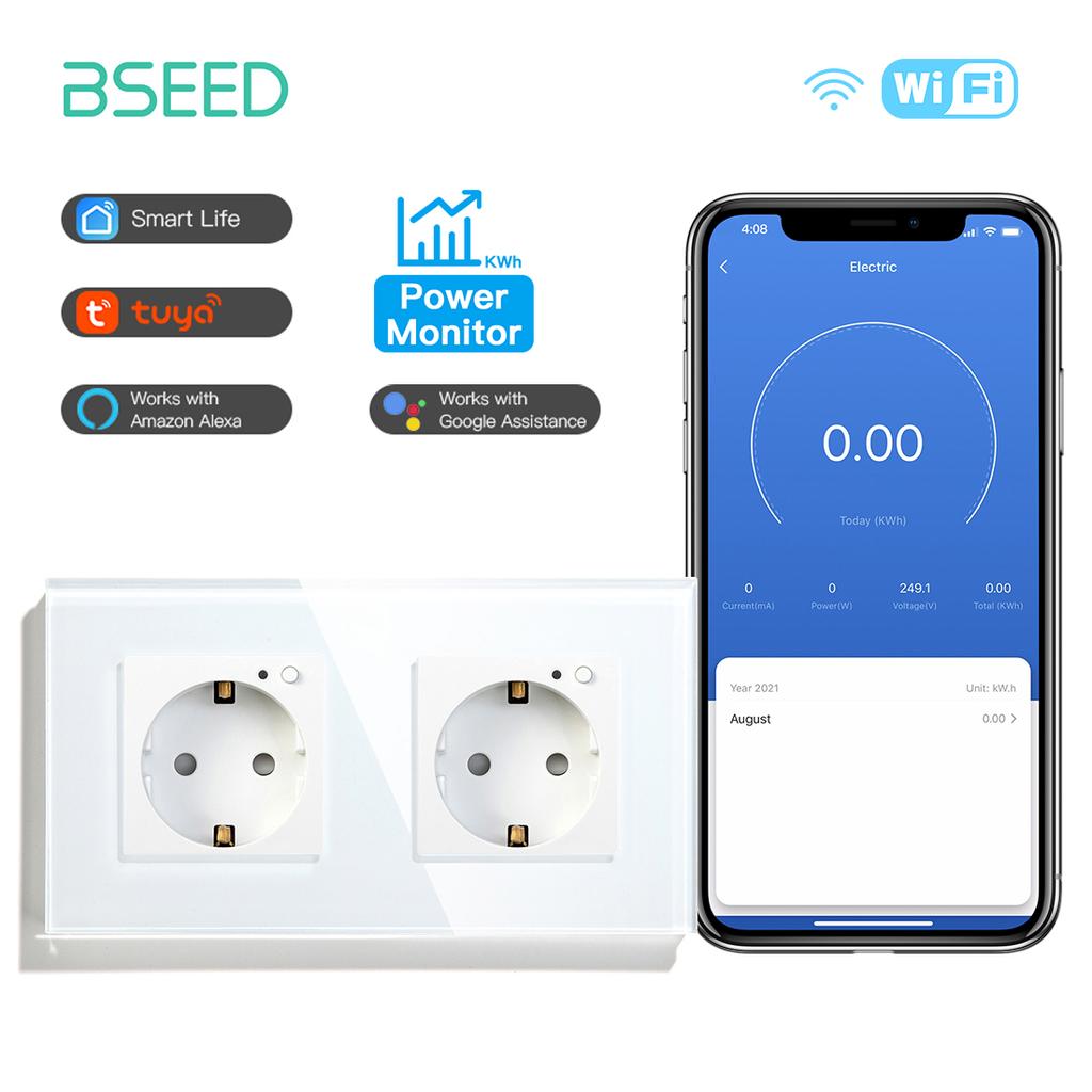 BSEED Wifi Sockets EU Wall Socket Smart Tuya Electric Sockets Power Monitor Google Smart Life Alexa Voice Control Glass Panel