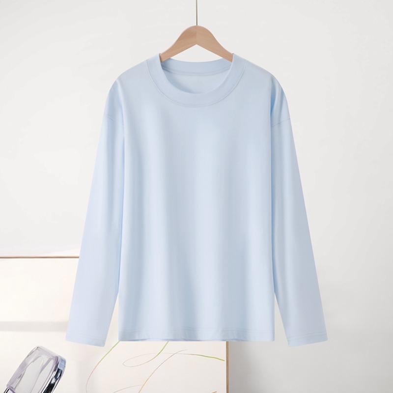 Minimalist Interior Base Shirt for Women, Autumn Long Sleeved Pure Cotton Shoulder T-shirt for Men, Round Neck Solid Color Couple's Clothing