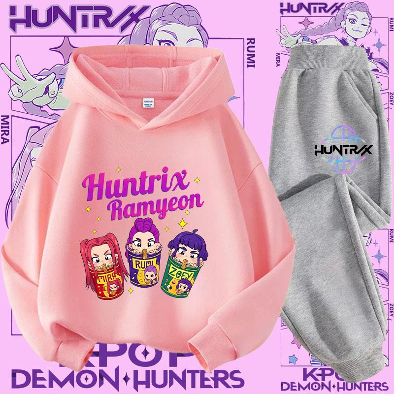 New K-pop Demon Hunter 3 - 12-year-old Girls' Sportswear 2-piece Cute Casual Top Children's Hooded Shirt Set with Cartoon Print