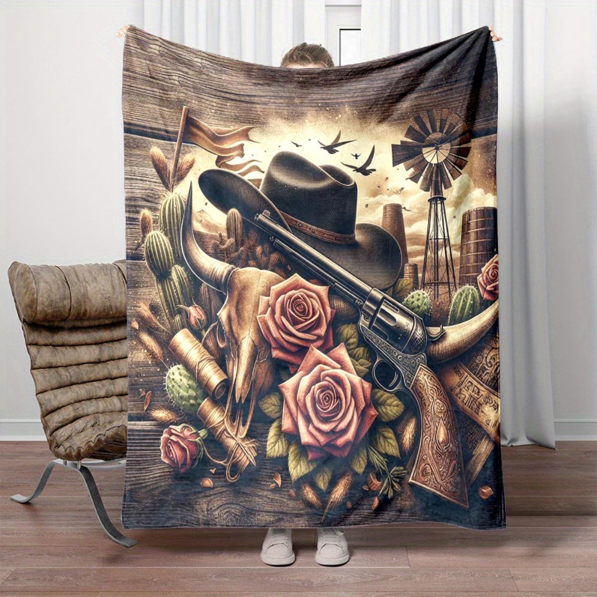 This country western cowboy-style buffalo skull rose print flannel blanket is perfect for sofas, beds, offices, travel, camping, 130x150cm