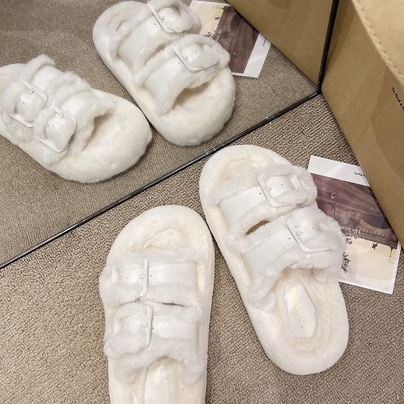 Niche thick-bottomed fluffy slippers women's fashion buckle with autumn and winter one-word mop 2025 new velvet warm cotton mop