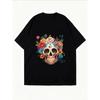White Oversized T Shirt With Colorful Sugar Skull And Flowers Print For Casual Wear