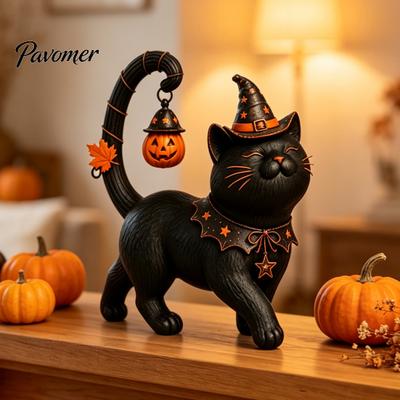 Artistic Resin Animal Decor Halloween Black Cat Wearing Hat Figurine, Witch Statue for Home Accents Party Desk Shelf, Spooky Cute Decor, Gift Lovers