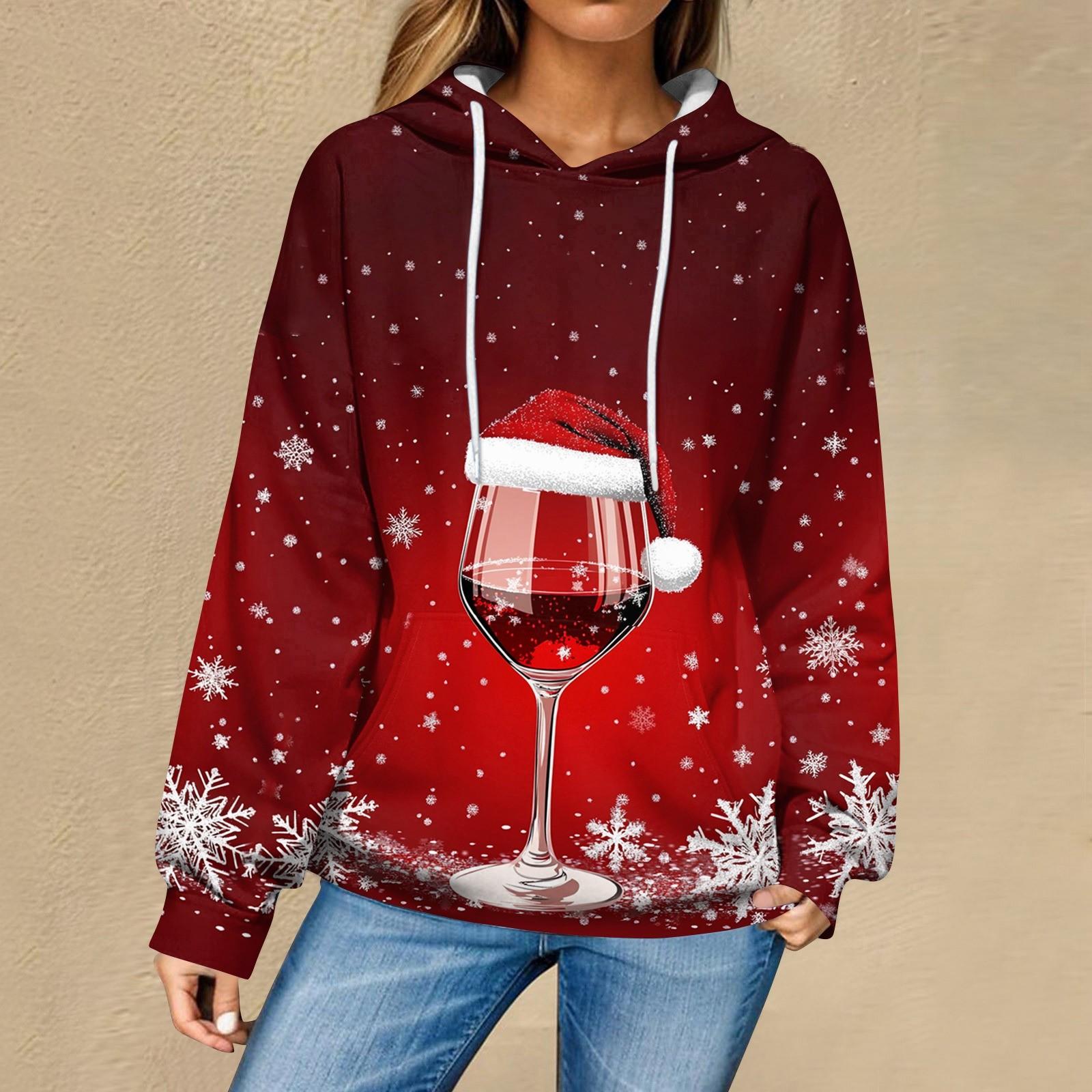 

Женская повседневная мода рождественский принт длинный рукав пуловер толстовки с капюшоном свитшоты XL винный
