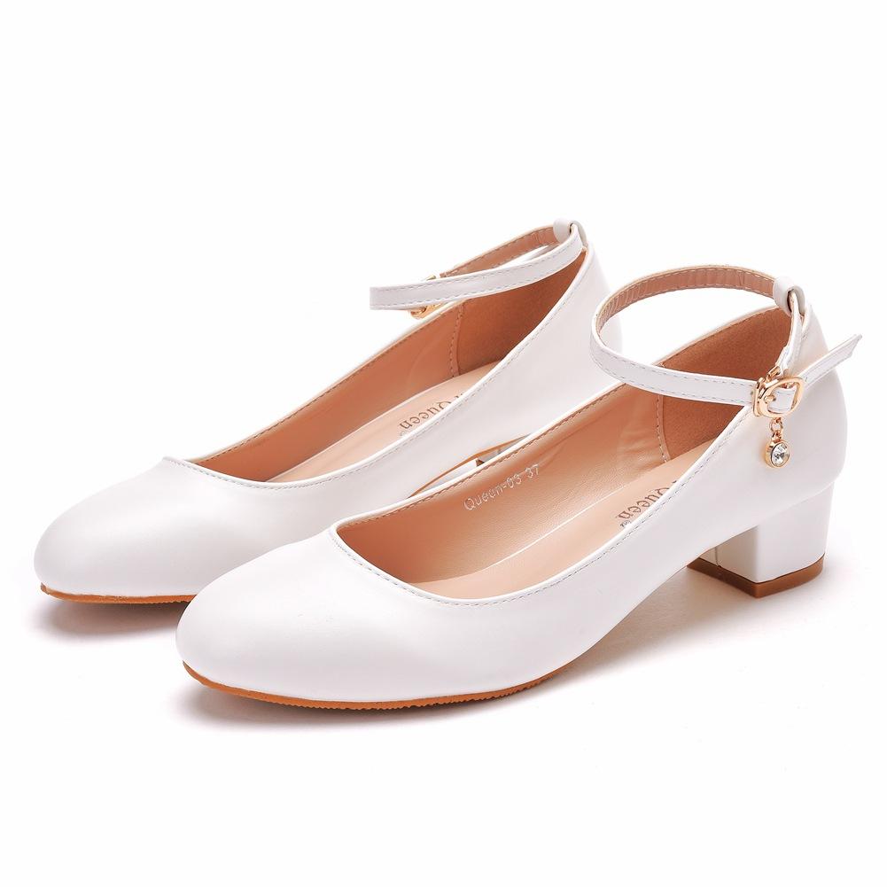 Scarpa Singola da Donna Tacco Basso 3cm Punta Tonda, Design in Pizzo e Perle, Marca di Lusso, Colore Bianco, Scarpe da Matrimonio Primavera Autunno