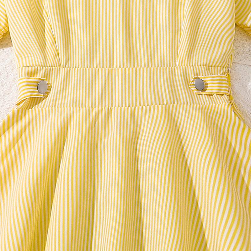 Sukienka Dziewczęca Letnia Odzież Dziecięca Francuskie Paski Krótki Rękaw Talia Ściągana Wyszczuplająca Sukienki Średniej Długości