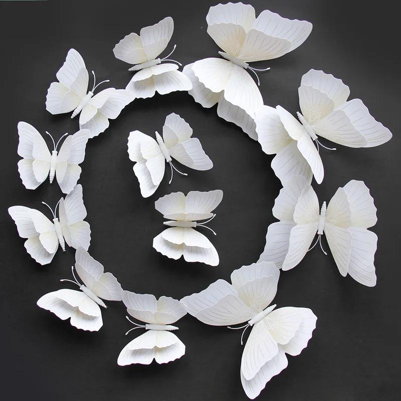 12 Peças Sete Cores Sólidas Camada Dupla Borboleta 3D Adesivo de Parede Para Casamento Decoração de Casa Borboletas Magnéticas Adesivos de Geladeira