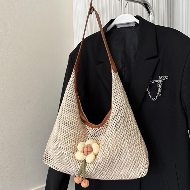 Women Shoulder Bag Braided Flower Decor Hollow Underarm Bag Large Capacity Baggy Large Mouth Vacation Holiday Beach Bag Lady Handbag less