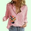 Women Fashion Button-up Shirt Summer&fall Cotton Linen Floral Print  Top Ladies Casual  Long Sleeve Blouse