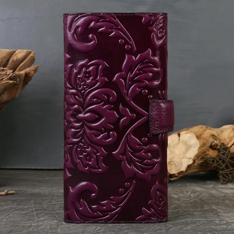 Johnature Genuine Leather Women's Long Wallet With Multiple Card Holders Retro Embossed Purse Chinese Style Handbag